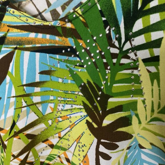 VALENTINA Top Scoop Neck 3/4 Sleeve Rhinestone Tropical Blouse Womens M Green - Picture 8 of 8